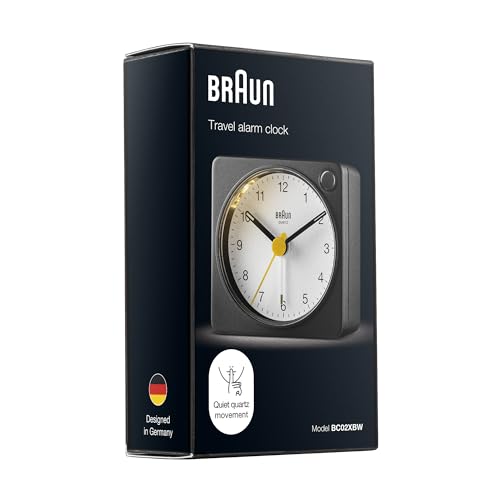 Braun Classic Analogue Travel Alarm Clock Black and White - BC02XBW