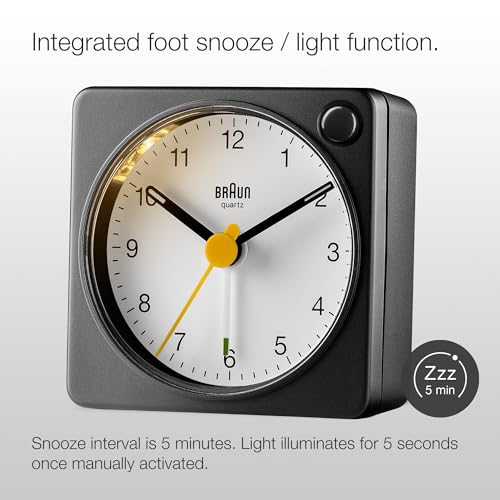 Braun Classic Analogue Travel Alarm Clock Black and White - BC02XBW